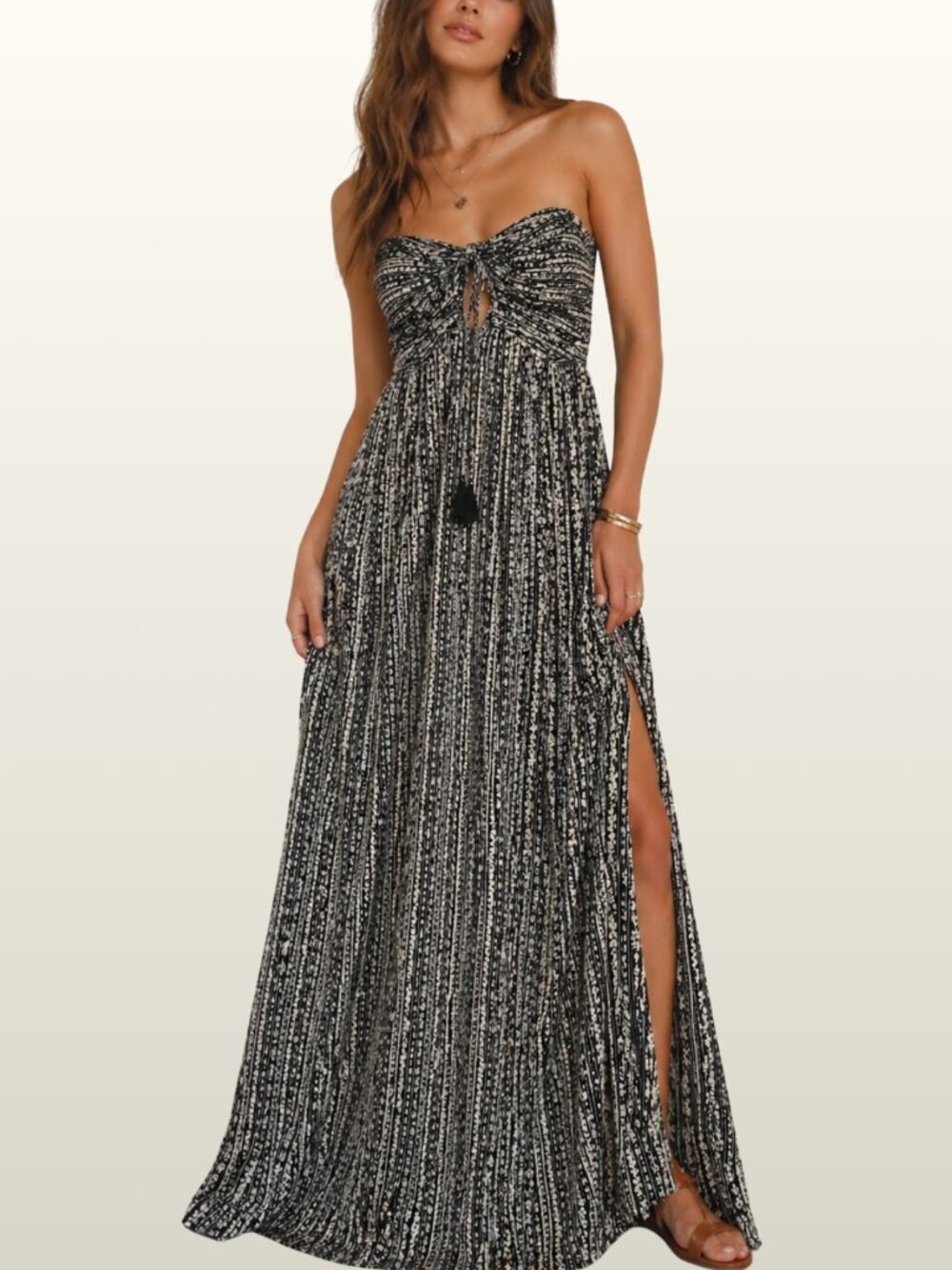 Magnolia Strapless Cutout Maxi Dress Black White Boho Empire L Festival Resort